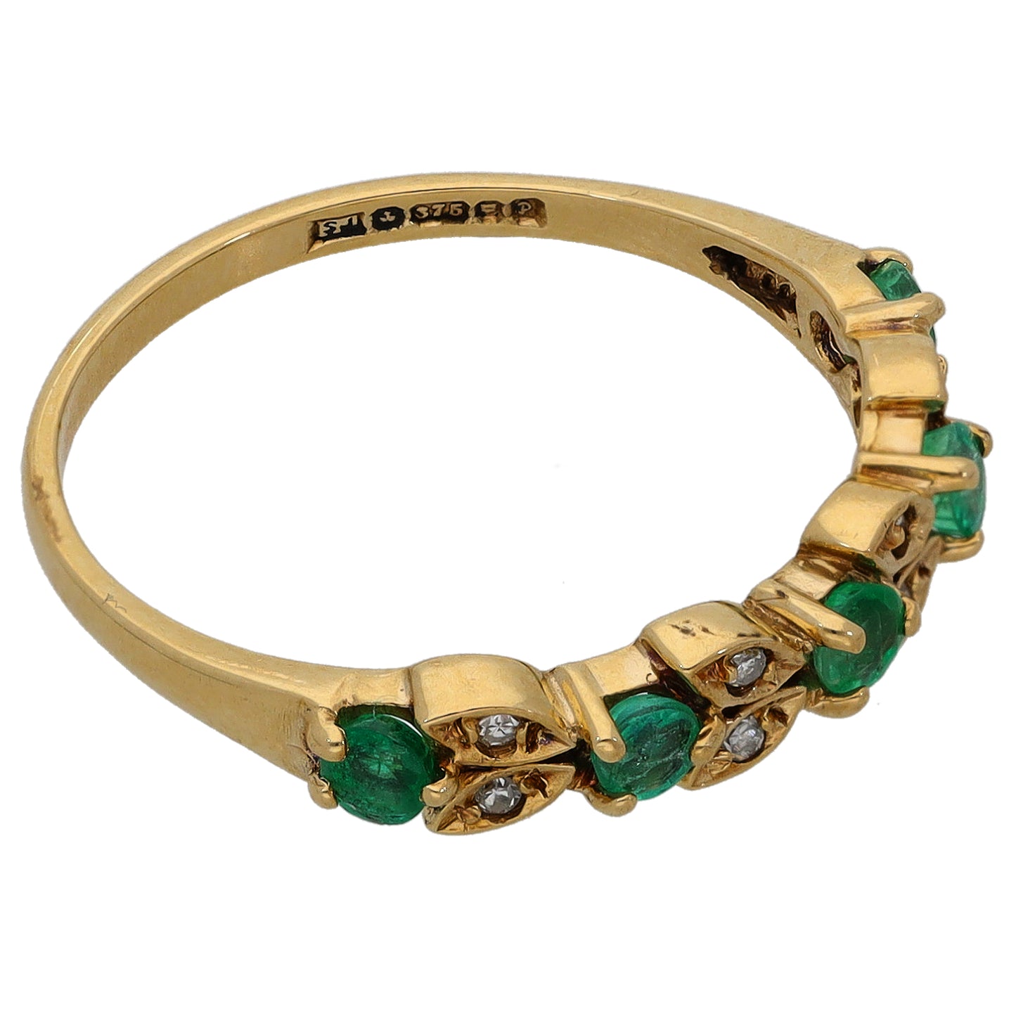 9ct Gold Emerald & 0.04ct Diamond Half Eternity Ring Size P