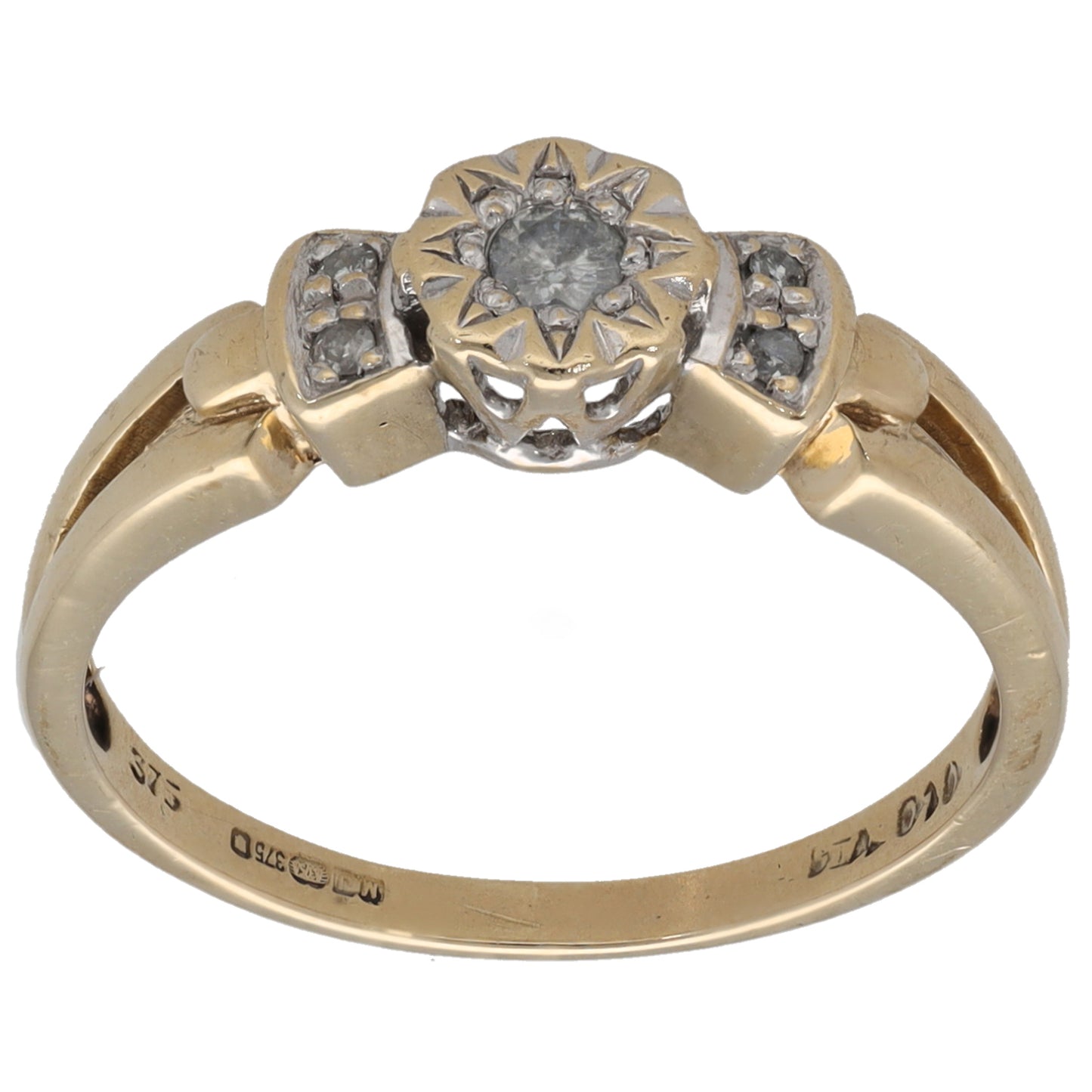 9ct Gold 0.10ct Diamond Solitaire Ring With Accent Stones Size N