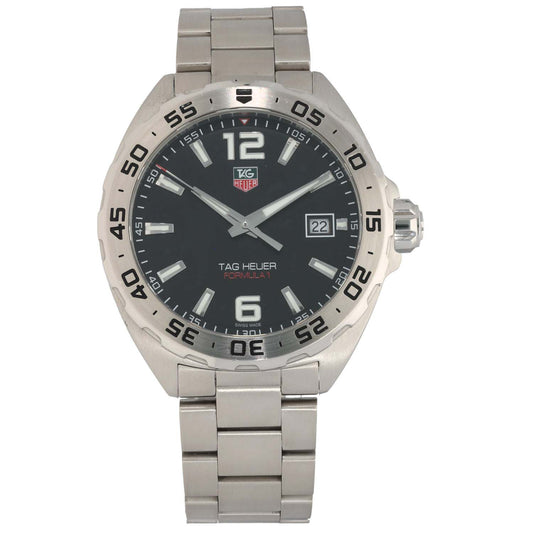 Tag Heuer Formula 1 WAZ1112 stainless steel watch with black dial, tachymeter bezel, and date window