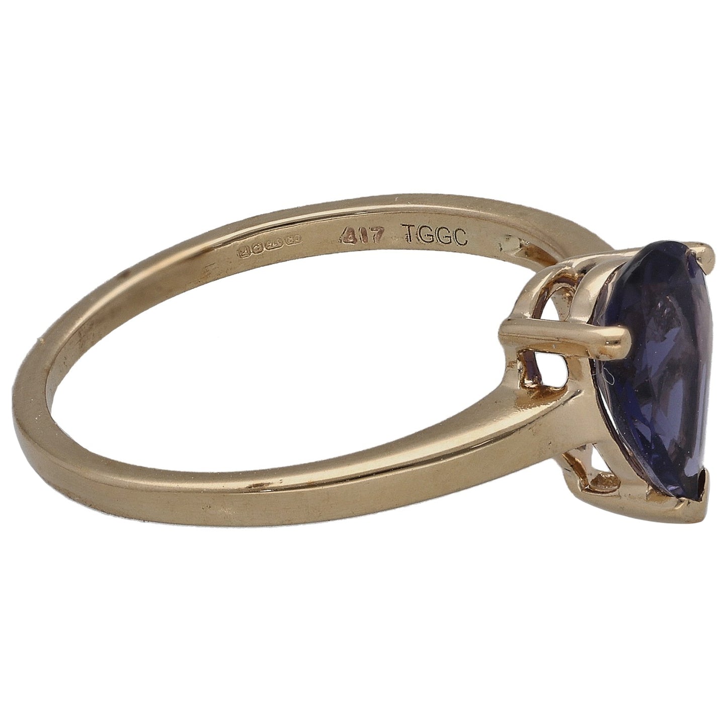 9ct gold ring band with oval iolite stone, side view with hallmark engraving