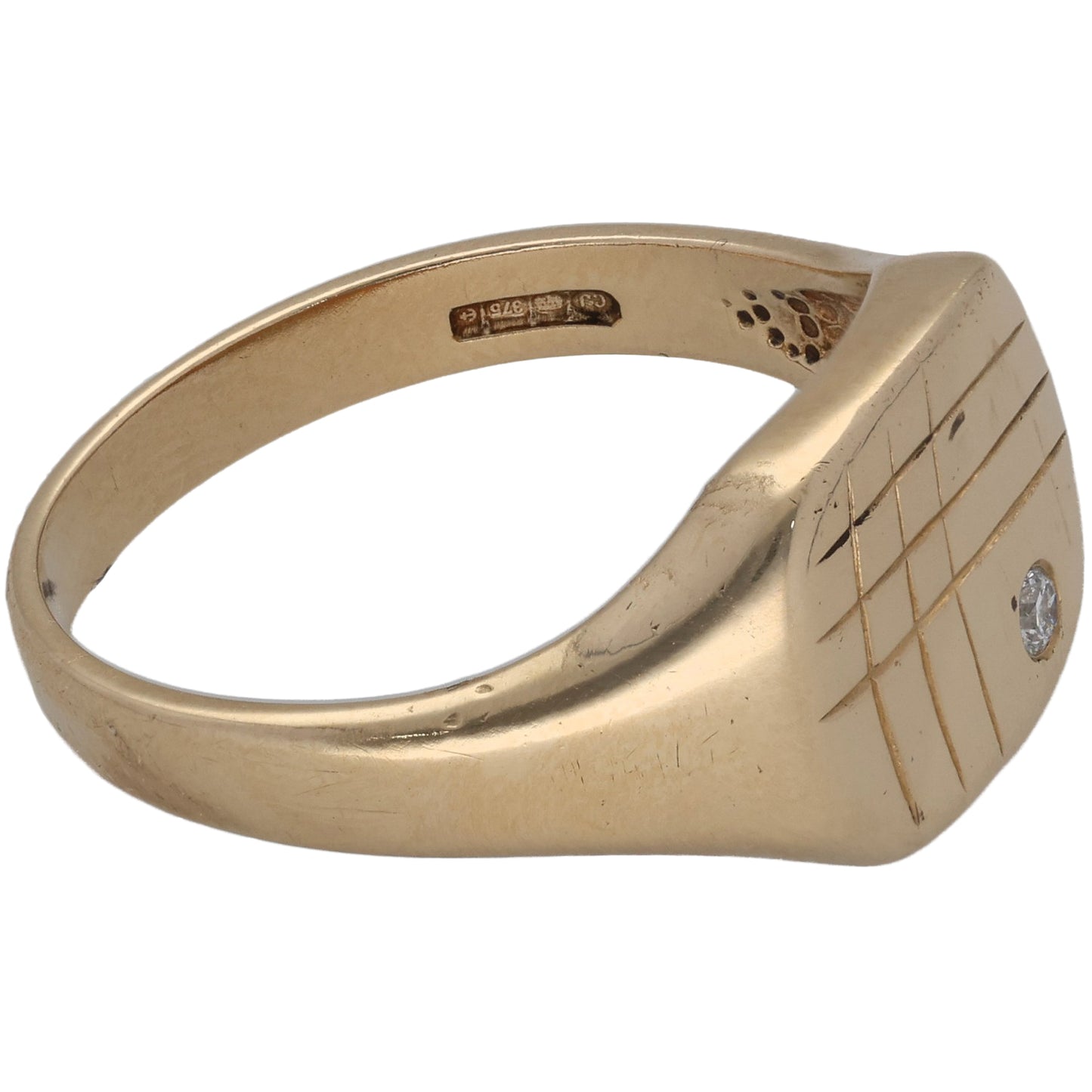 9ct Gold 0.05ct Diamond Single Stone Patterned Signet Ring Size U