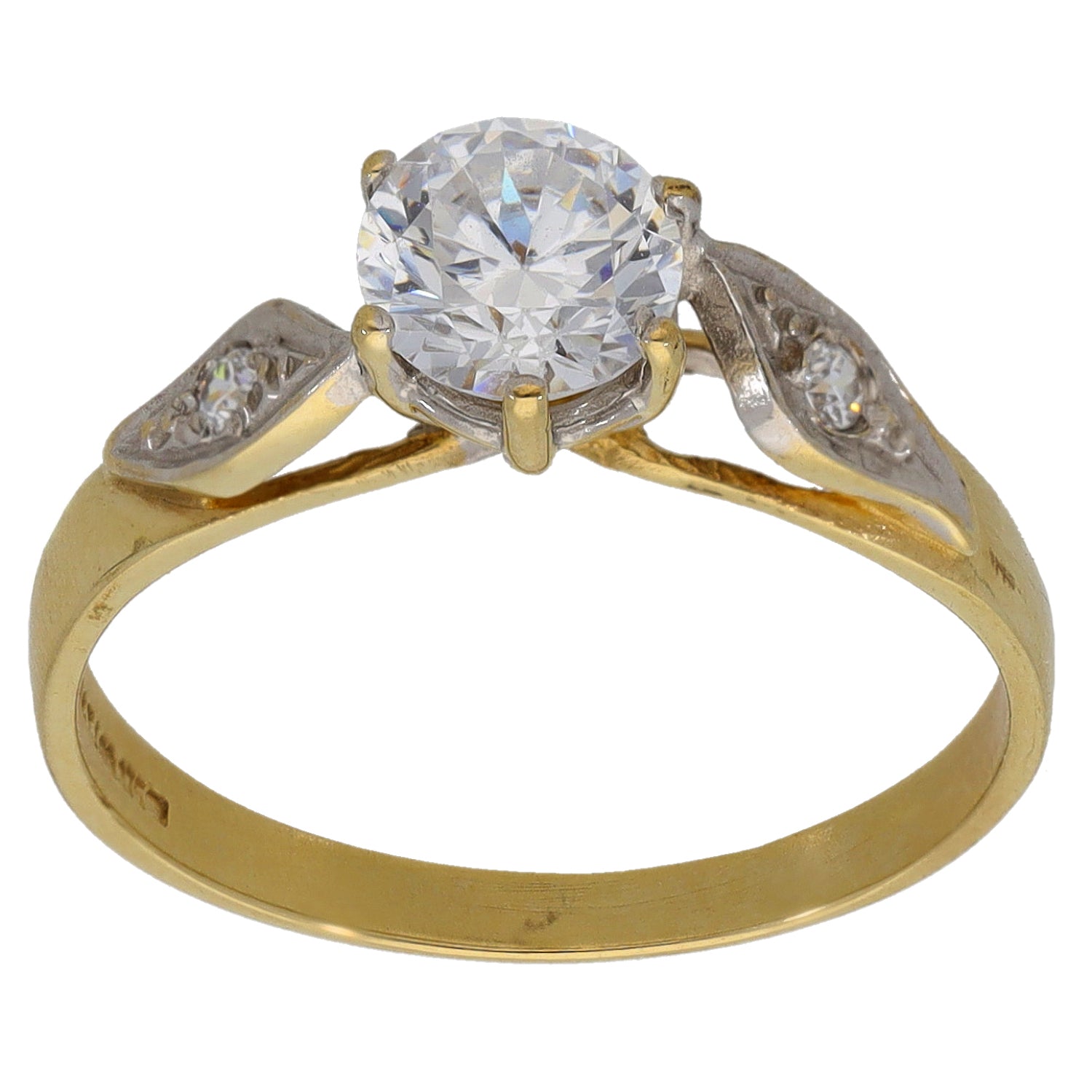 Gold CZ ring with round center stone and marquise CZ accents on both shoulders