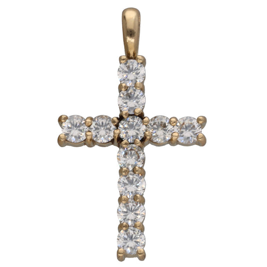Gold CZ cross pendant with round clear stones in a cross shape