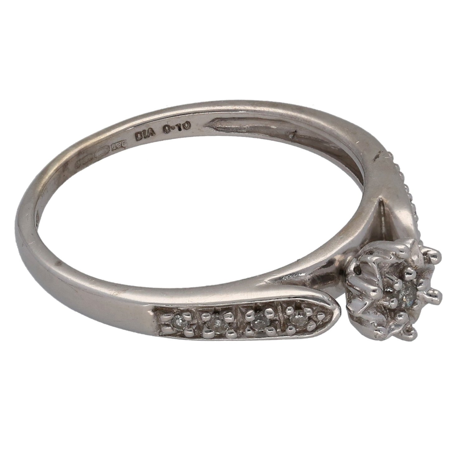 9ct White Gold 0.10ct Diamond Solitaire Ring With Accent Stones Size M