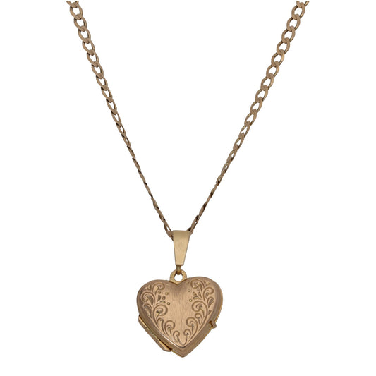 Gold heart locket pendant on curb chain, engraved heart front
