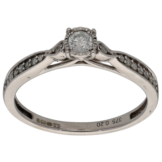 9ct White Gold 0.20ct Diamond Solitaire Ring With Accent Stones Size L