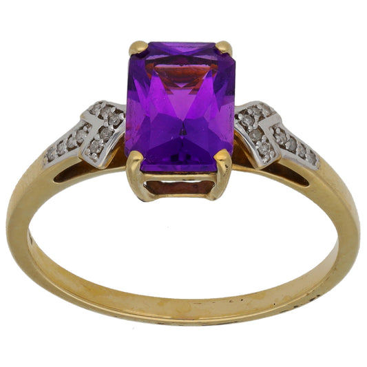 9ct Gold Amethyst & 0.09ct Diamond Single Stone Ring with Accent Stones Size N