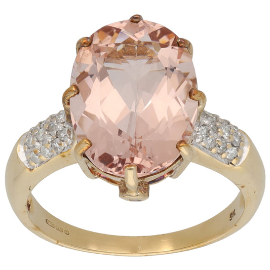9ct Gold Morganite & 0.13ct Diamond Single Stone Ring with Accent Stones Size N