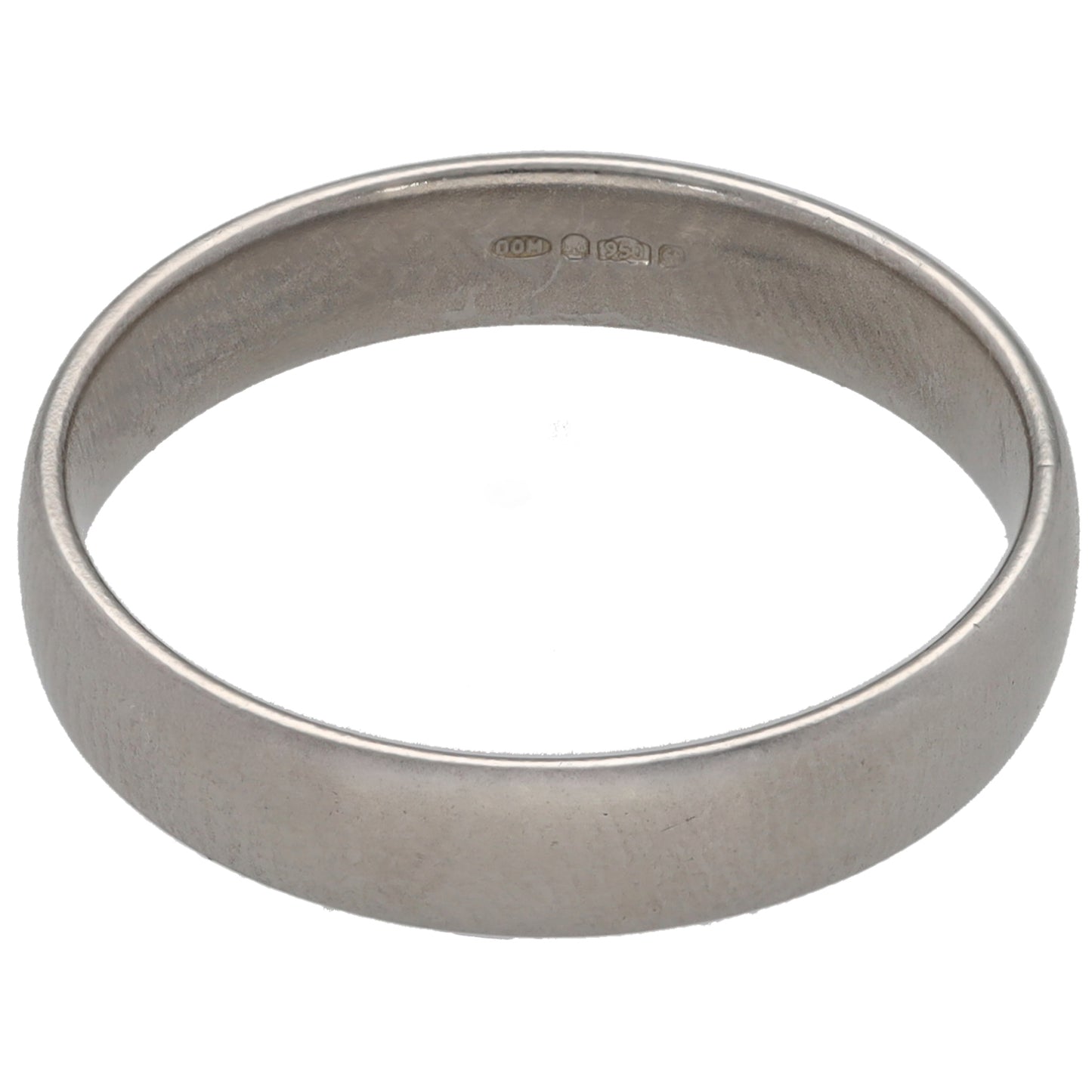 Plain polished wedding ring band with inside hallmark engraving visible