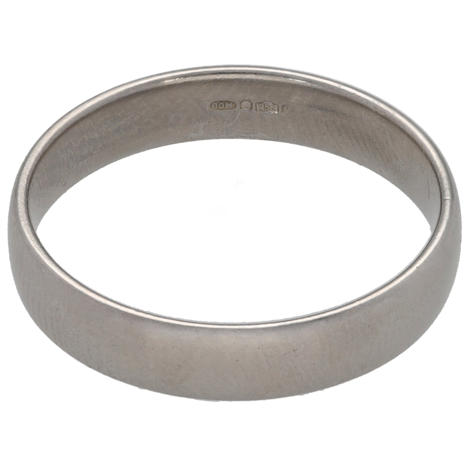 Plain polished wedding ring band with inside hallmark engraving visible