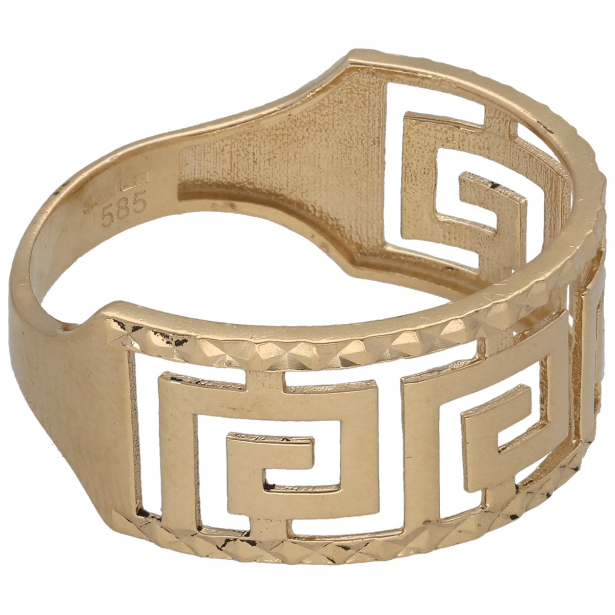 Gold-tone openwork ring with geometric Greek-key pattern and stamped 585 inside