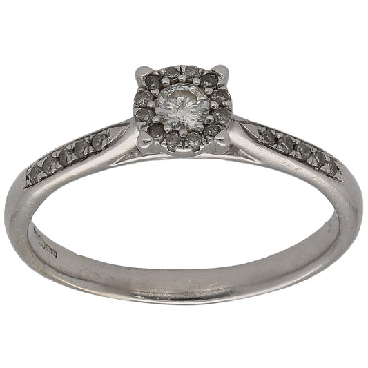 White gold diamond cluster ring with round side stones