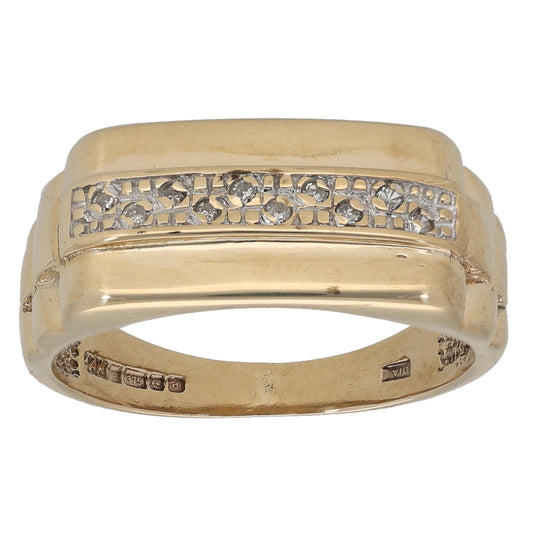 9ct Gold 0.10ct Diamond Patterned Signet Ring Size Q