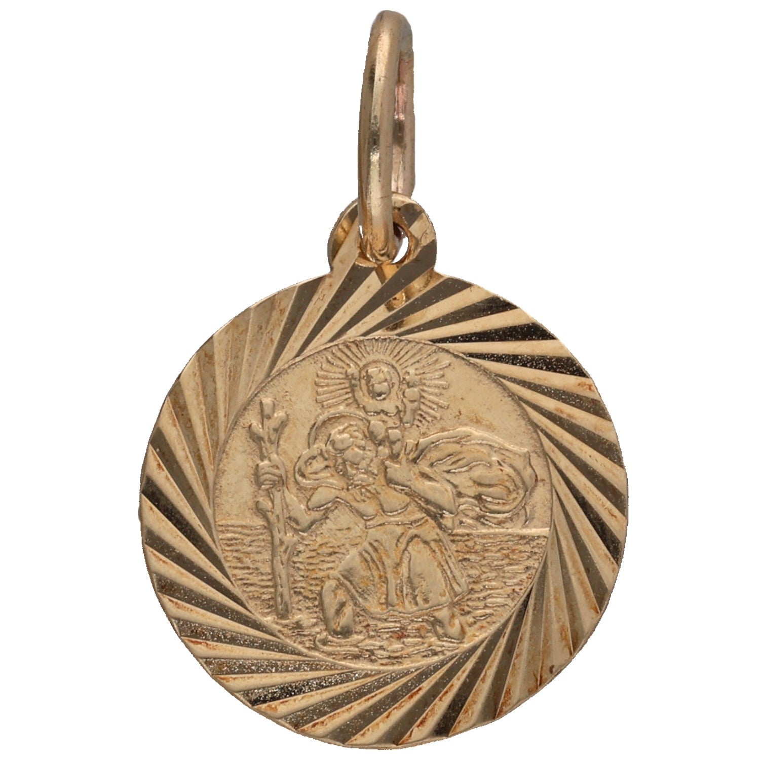 9ct gold St Christopher round pendant with engraved saint relief and radiating rays
