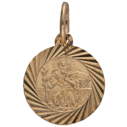 9ct gold St Christopher round pendant with engraved saint relief and radiating rays