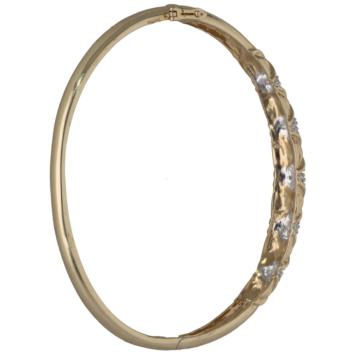 9ct gold round hinged bangle with small diamond accents