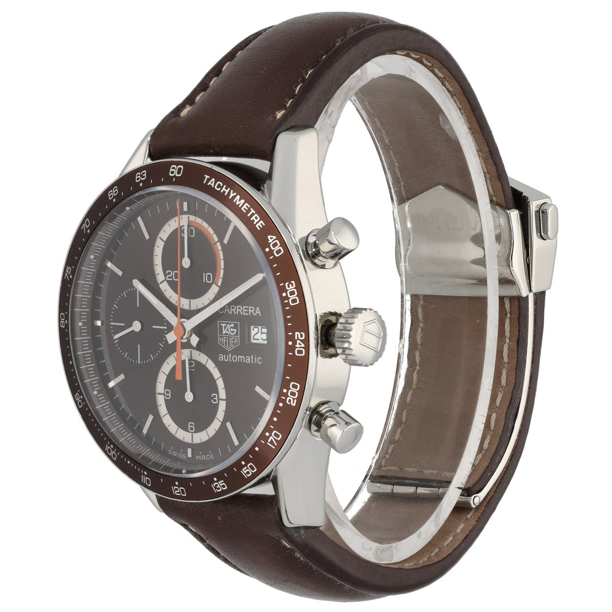 Tag Heuer Carrera CV2013-3, chocolater brown dial, bezel and leather strap, front  angled image