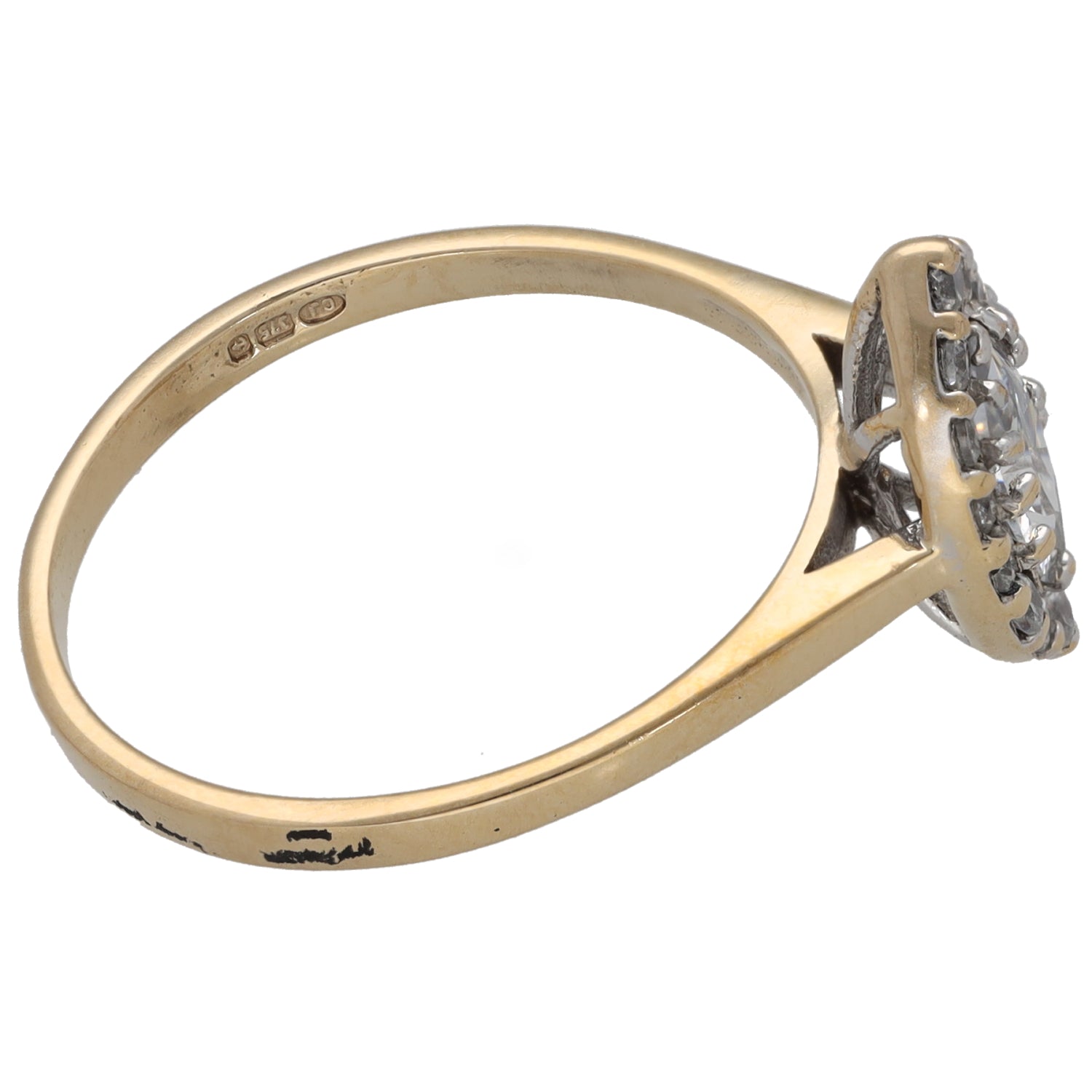 9ct gold ring with split shank and side profile of CZ cluster top