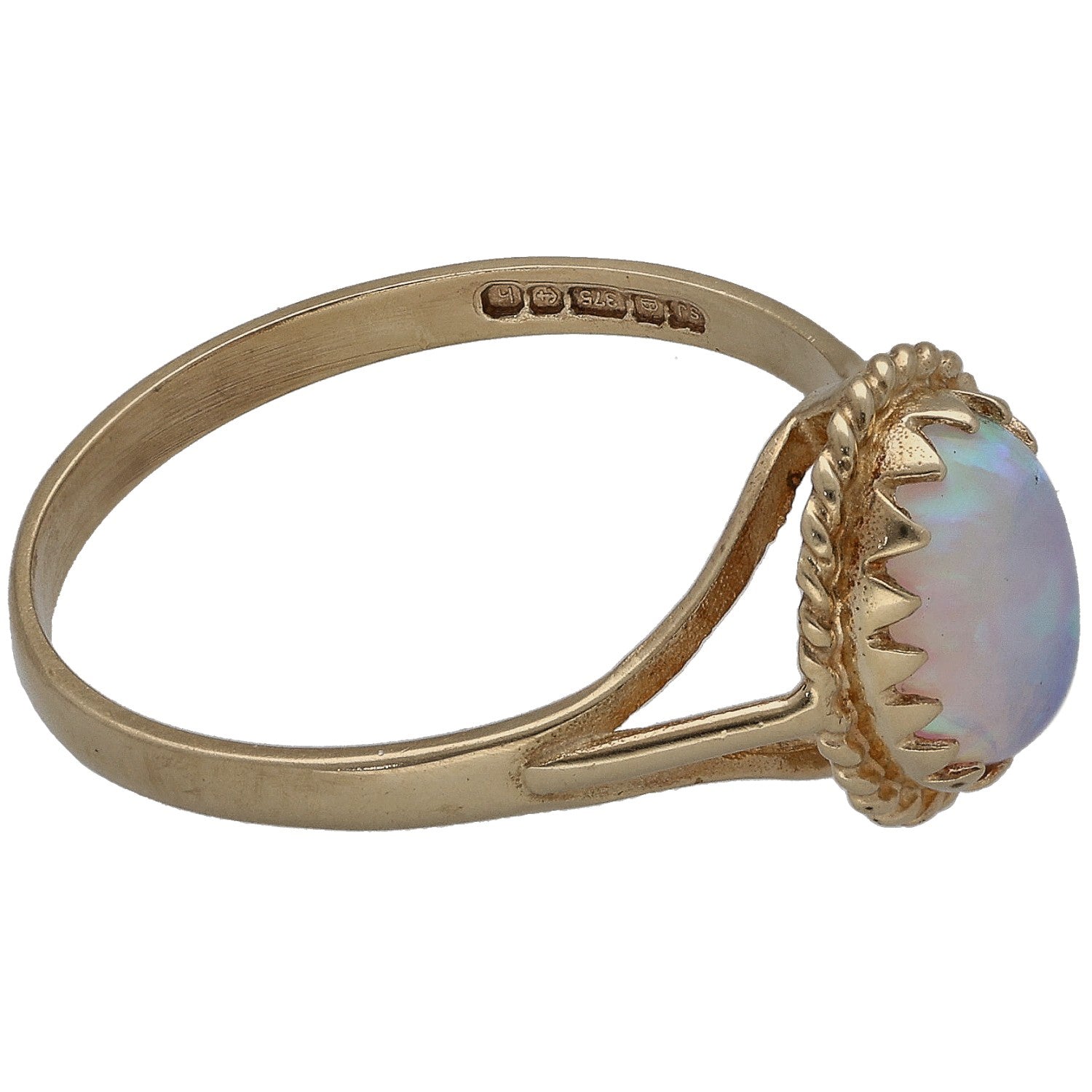9ct gold opal ring side view, oval opal with serrated bezel and band hallmark