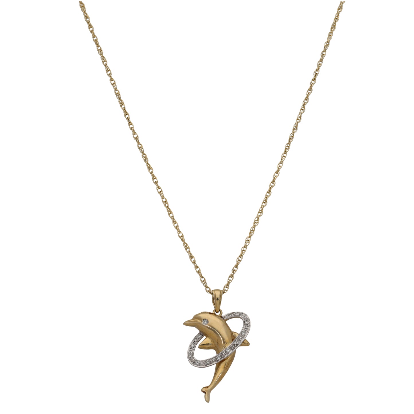 9ct Bicolour Gold 0.065ct Diamond Dolphin Pendant With Chain