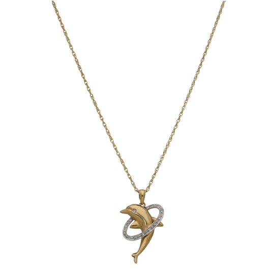 9ct Bicolour Gold 0.065ct Diamond Dolphin Pendant With Chain