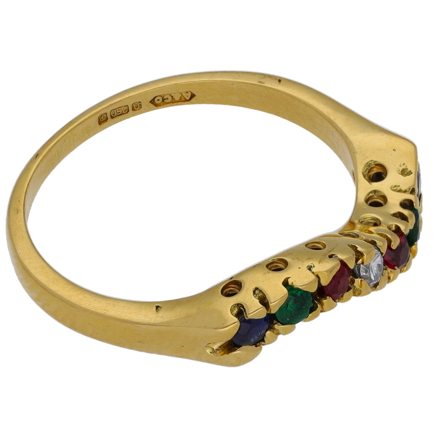18ct Gold Sapphire, Emerald, Ruby & 0.03ct Diamond Half Eternity Ring Size M