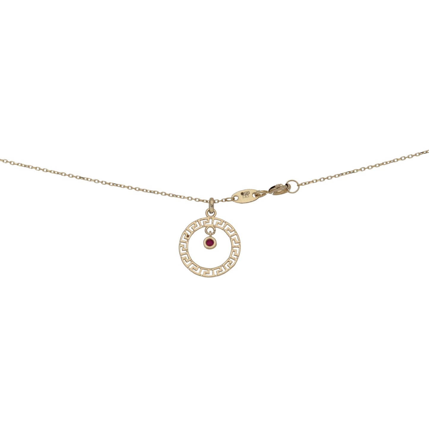 New 14ct Gold Greek Key Red Stone Pendant With Chain 16"
