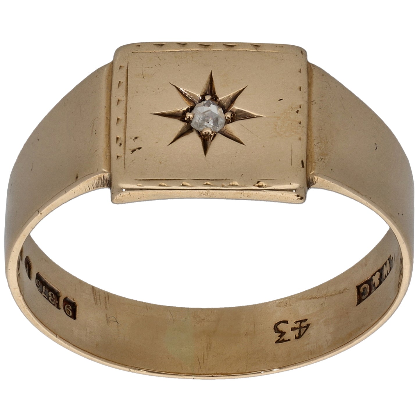 9ct Gold 0.03ct Diamond Patterned Single Stone Signet Ring Size S
