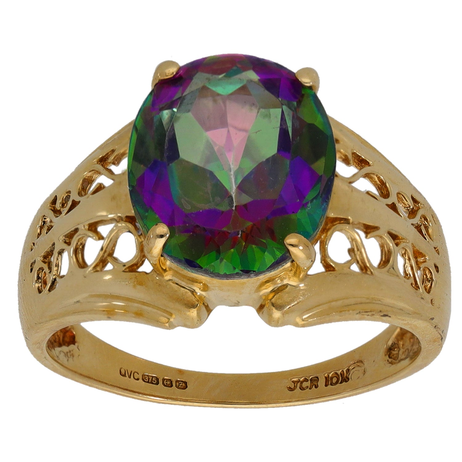 Gold-tone cocktail ring with filigree band and large faceted oval multicolor stone