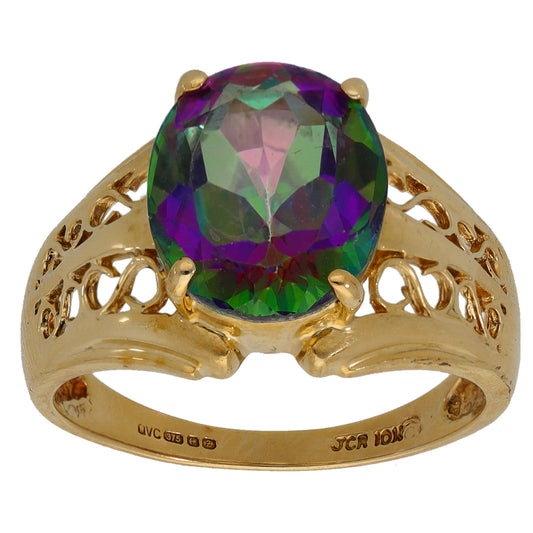 Gold-tone cocktail ring with filigree band and large faceted oval multicolor stone