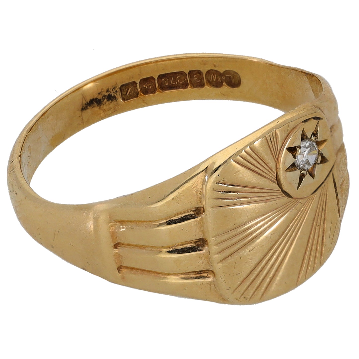 9ct Gold 0.05ct Diamond Single Stone Patterned Signet Ring Size T