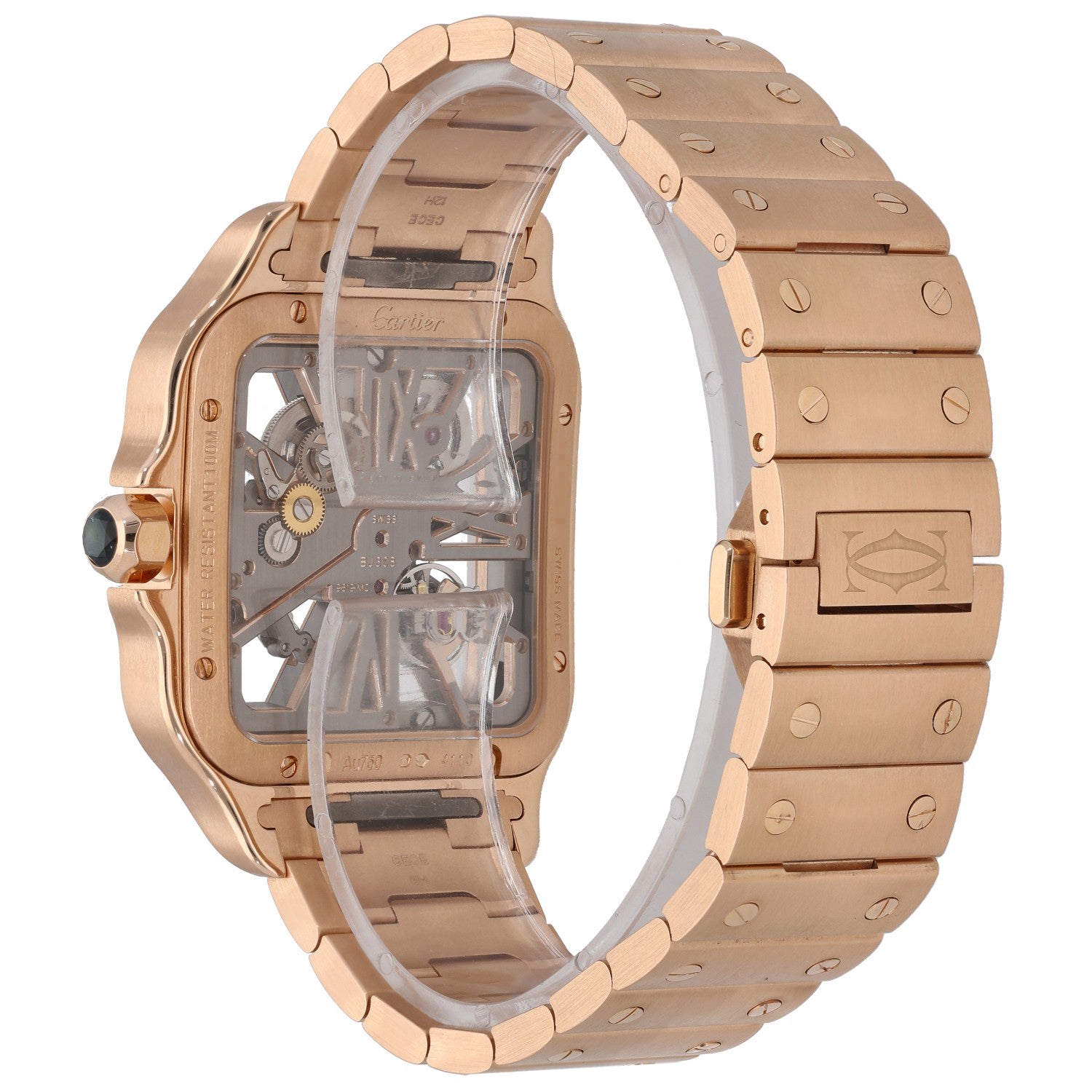 Cartier Santos De Cartier Skeleton WHSA0016, rose gold, skeleton dial, rear angle image