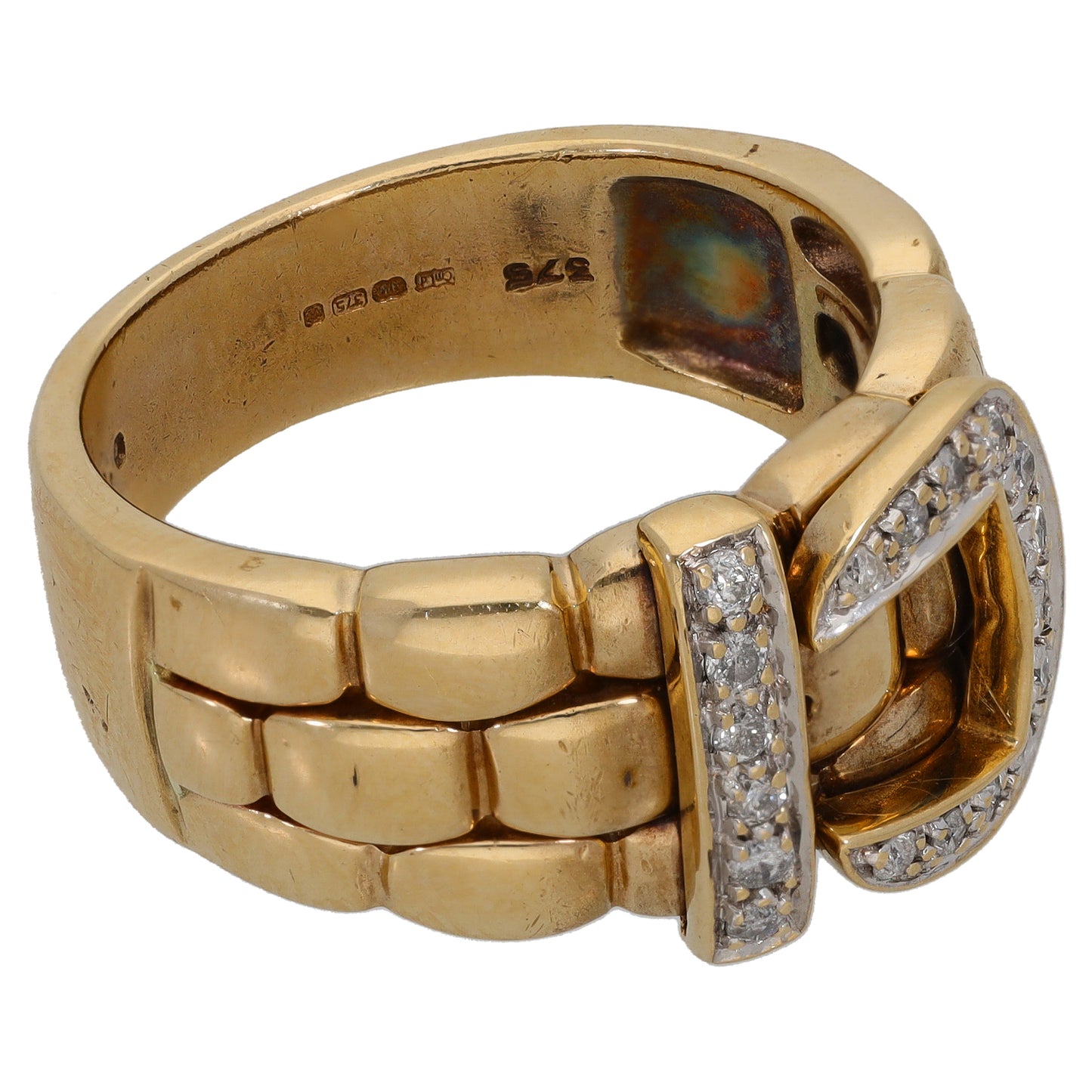 9ct gold buckle ring with round diamond pave cluster and hinged bar detail