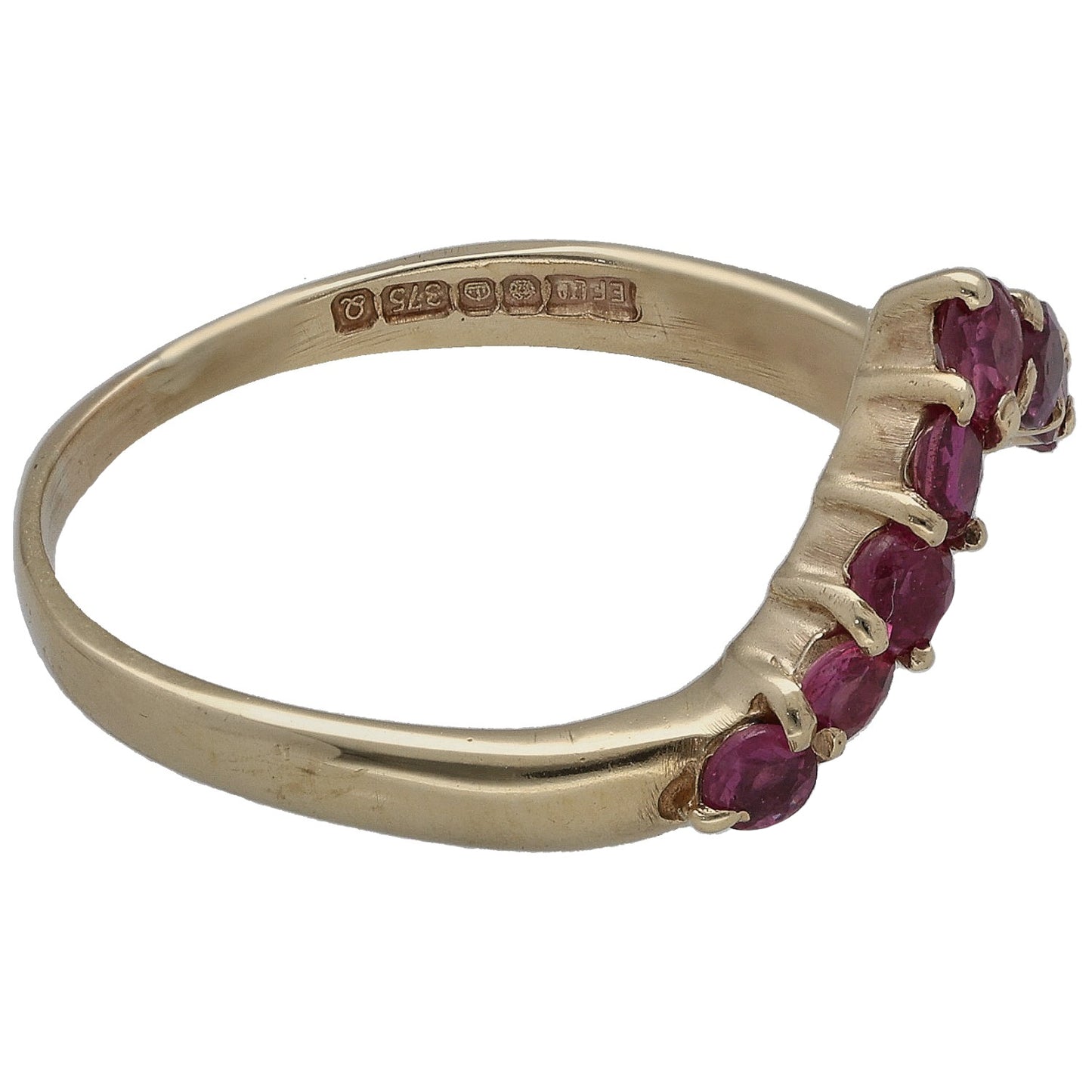 9ct gold wishbone ring band with prong-set ruby stones and engraved inner markings