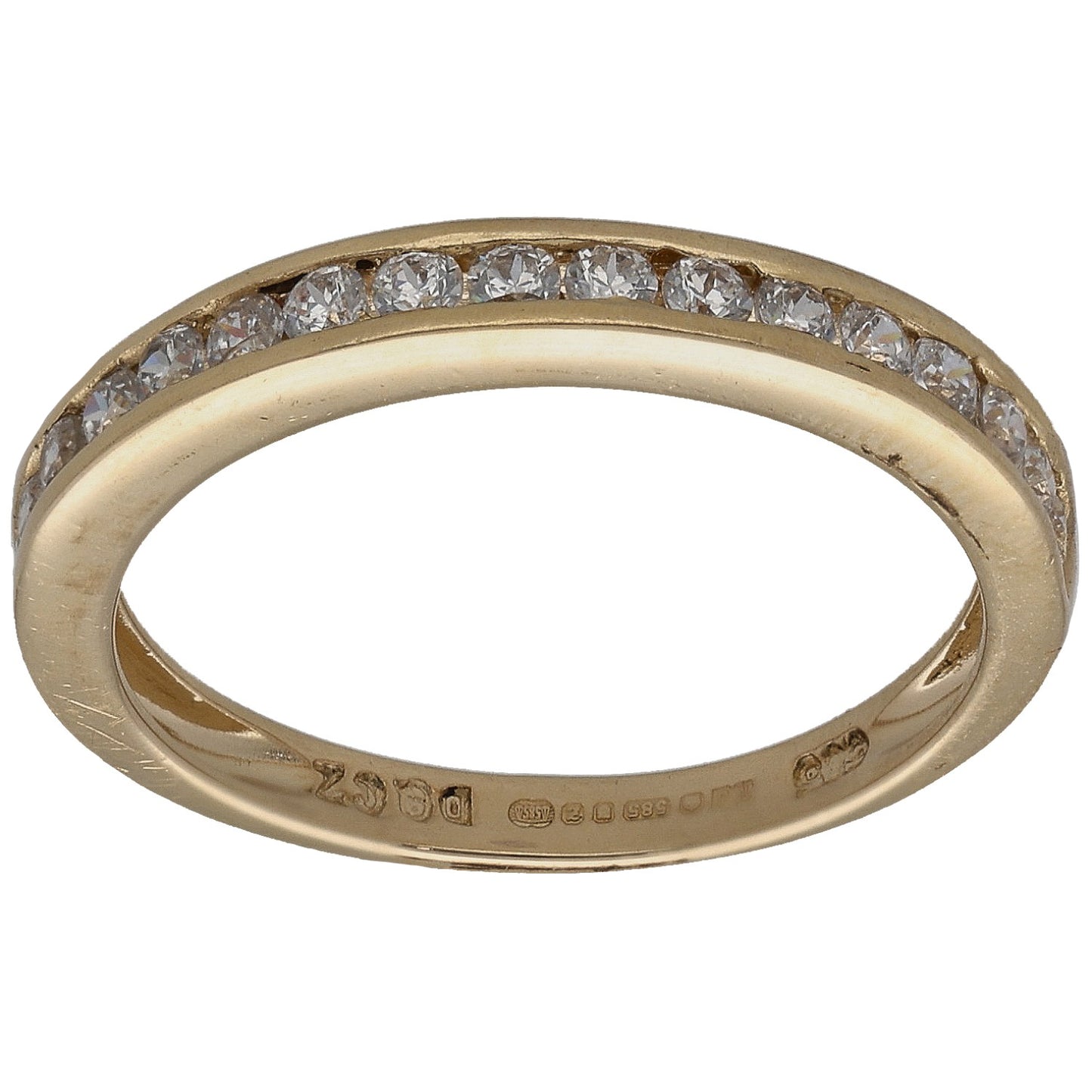 Gold CZ half-eternity ring with bright stones on the upper half, rounded band