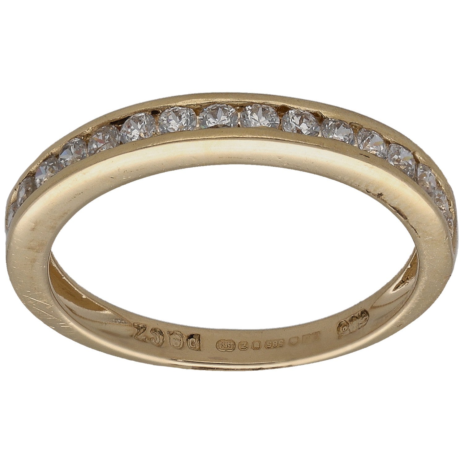 Gold CZ half-eternity ring with bright stones on the upper half, rounded band