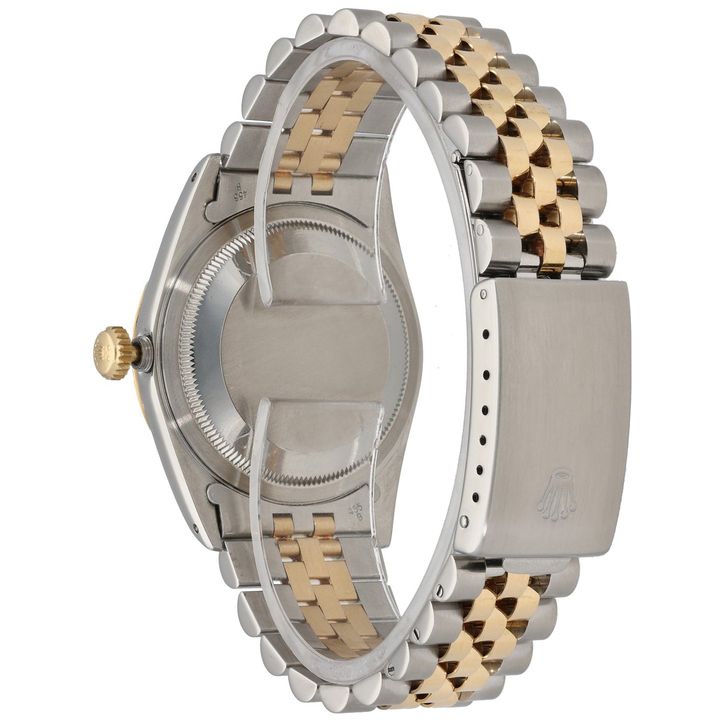 Rolex Datejust 16233 bi-colour watch showing case back and stainless bracelet with gold links