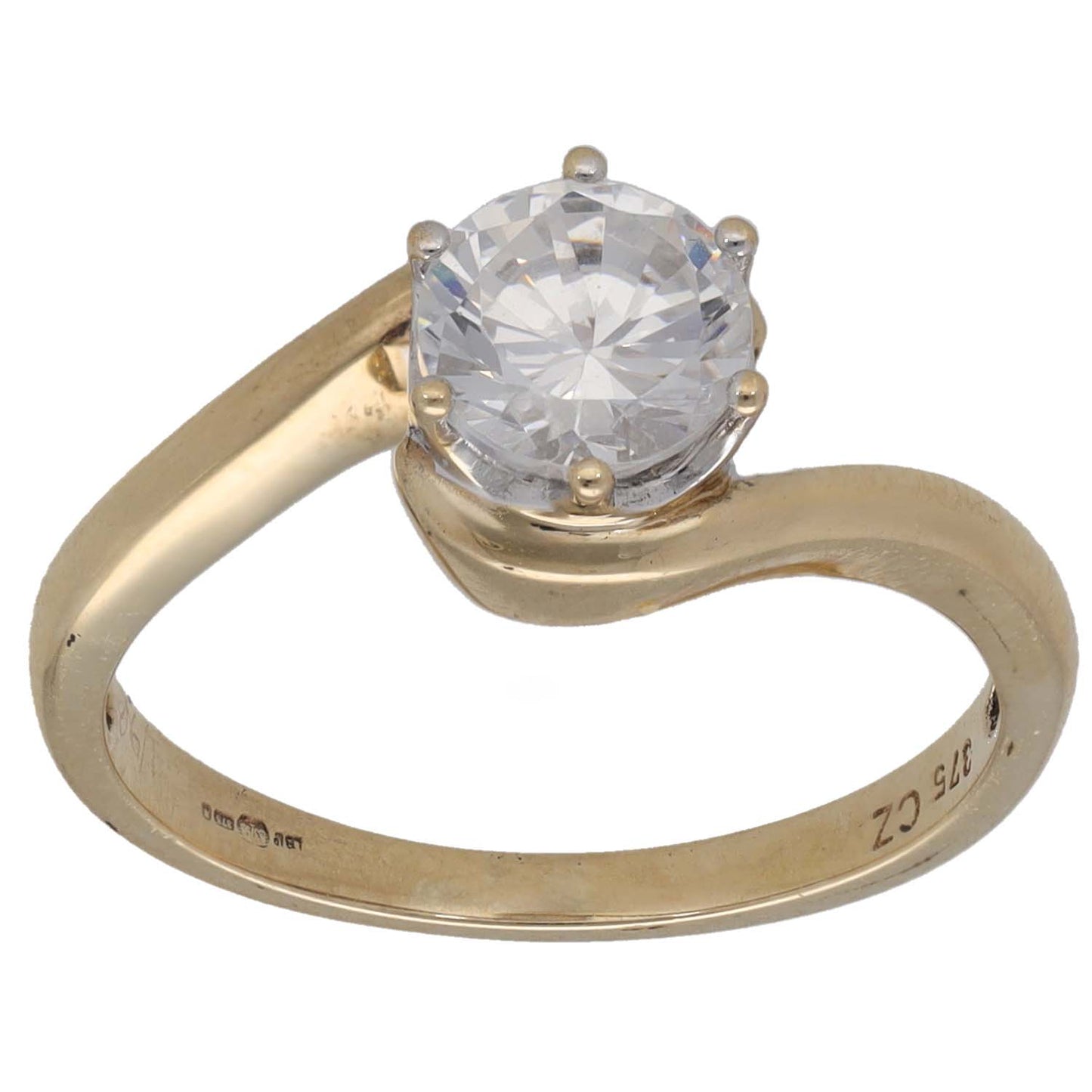 9ct gold CZ single-stone ring with round clear center gemstone and four prongs