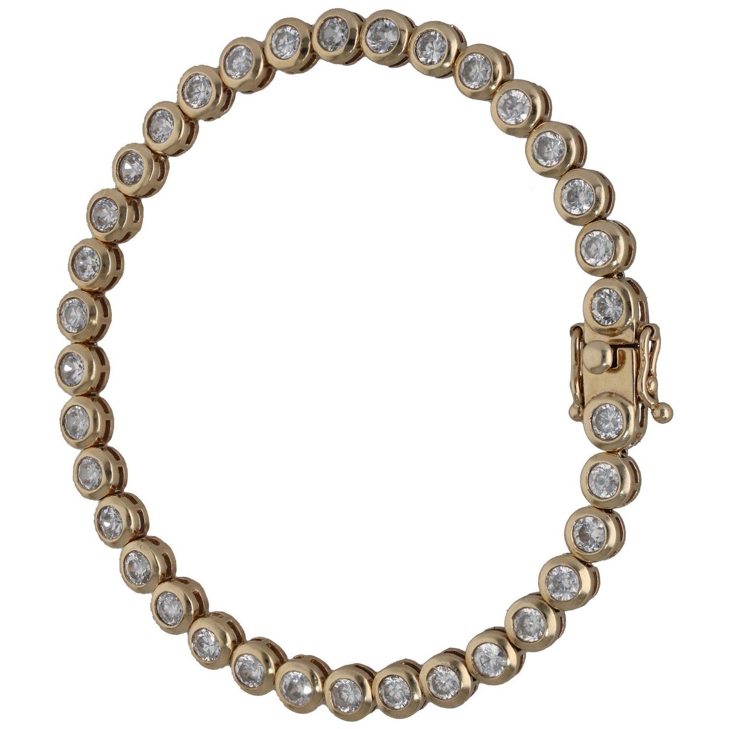 Gold-tone tennis-style bracelet with round CZ stones and padlock clasp.