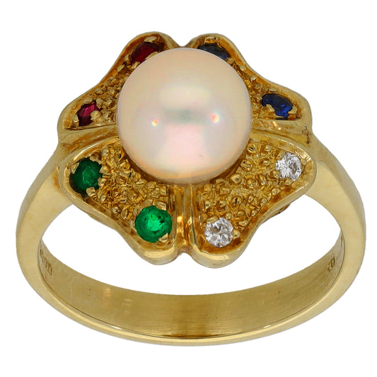 14ct Gold Cultured Pearl, Sapphire, Emerald, Ruby & 0.02ct Diamond Dress/Cocktail Ring Size L