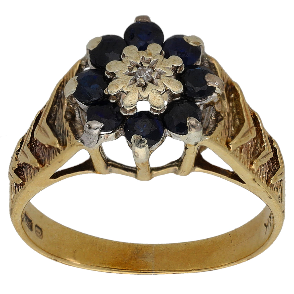 9ct Gold Sapphire & 0.005ct Diamond Cluster Ring Size L