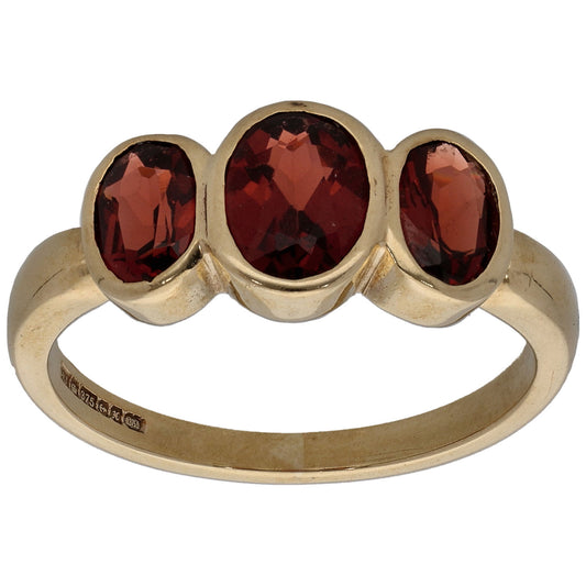 9ct Gold Garnet Three Stone Ring Size M