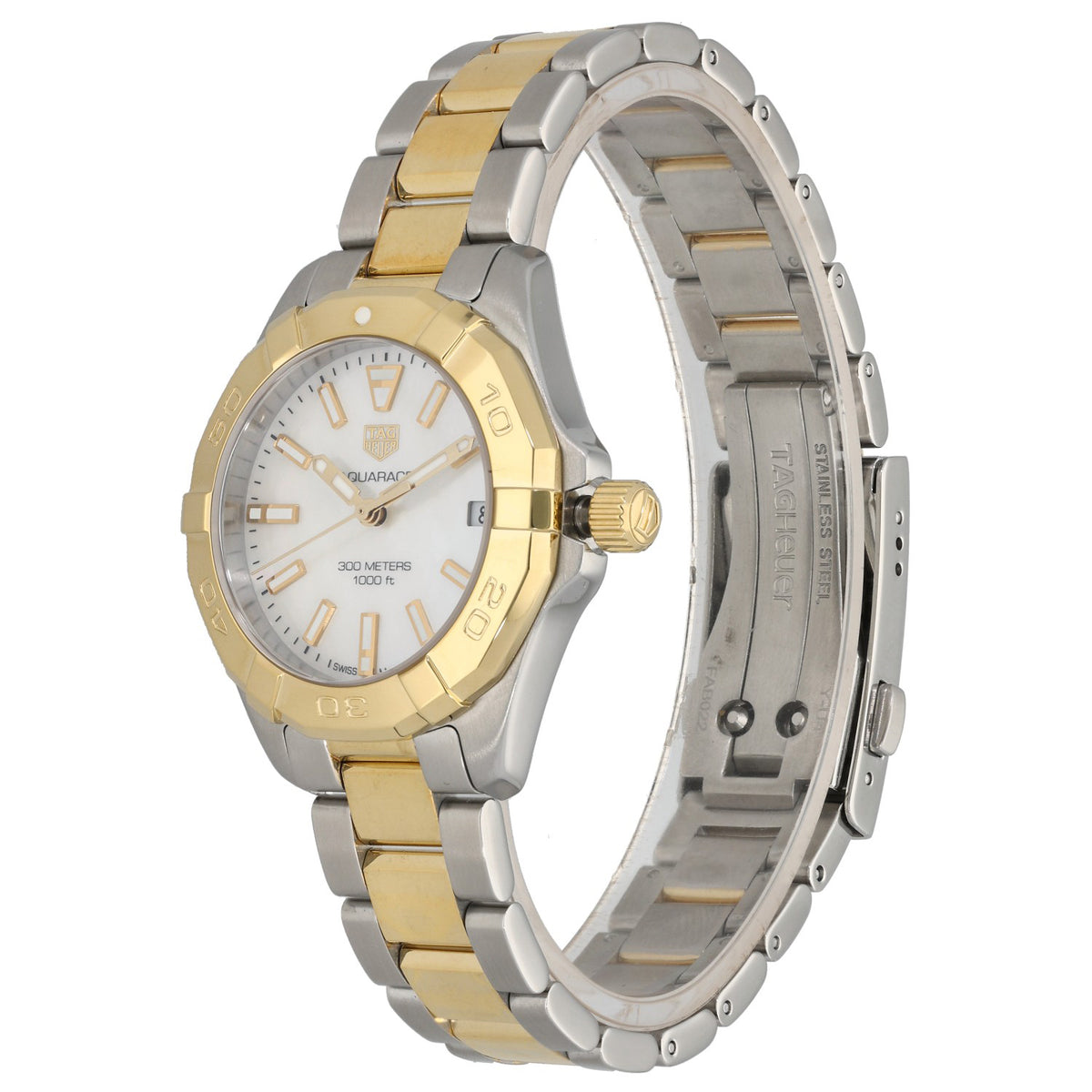 Tag Heuer Aquaracer WBD1320, white Mother of Pearl dial inside 32mm stainless steel and gold case and bracelet, front angle