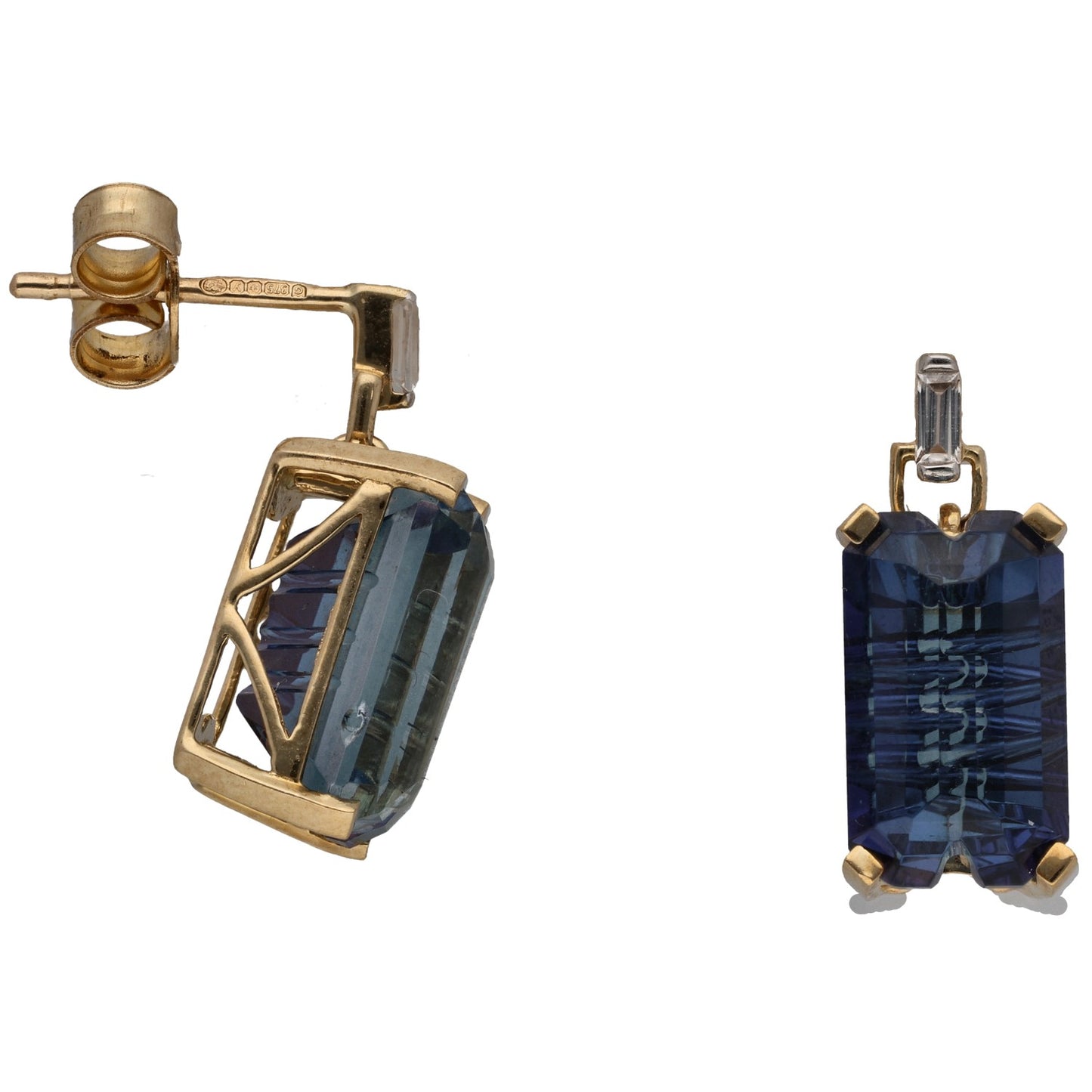 Gold drop earrings with blue rectangular gemstone and crystal accents