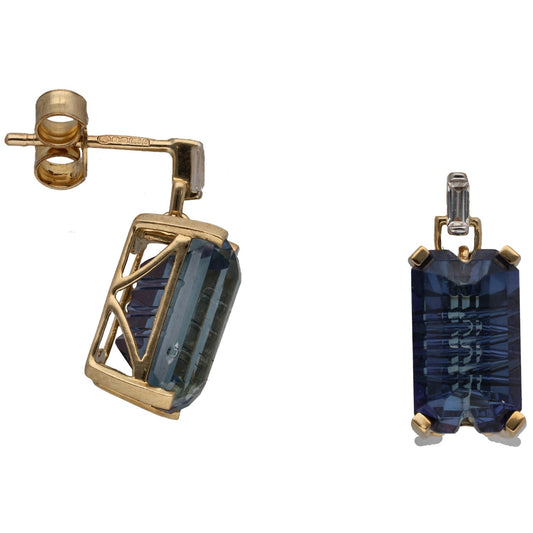 Gold drop earrings with blue rectangular gemstone and crystal accents