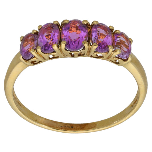 9ct gold amethyst cocktail ring, size S; five oval purple gemstones in gold setting