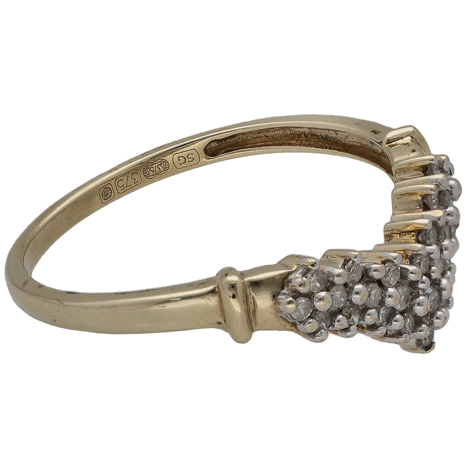 9ct gold wishbone ring with round diamond cluster on open side