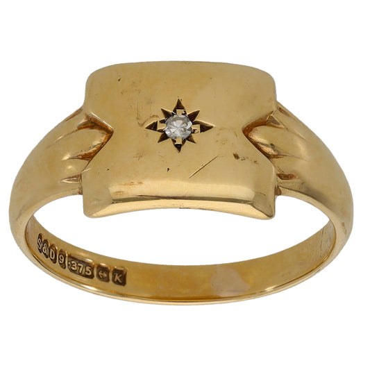 9ct Gold 0.01ct Diamond Single Stone Signet Ring Size R