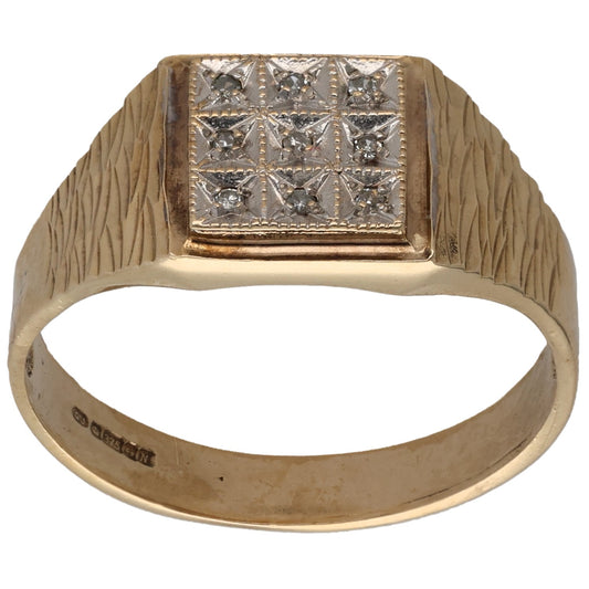 9ct Gold 0.045ct Diamond Patterned Signet Ring Size U