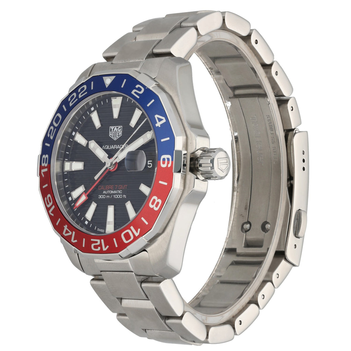 Tag Heuer Aquaracer GMT WAY201F, black dial with red and blue GMT bezel, crown angle